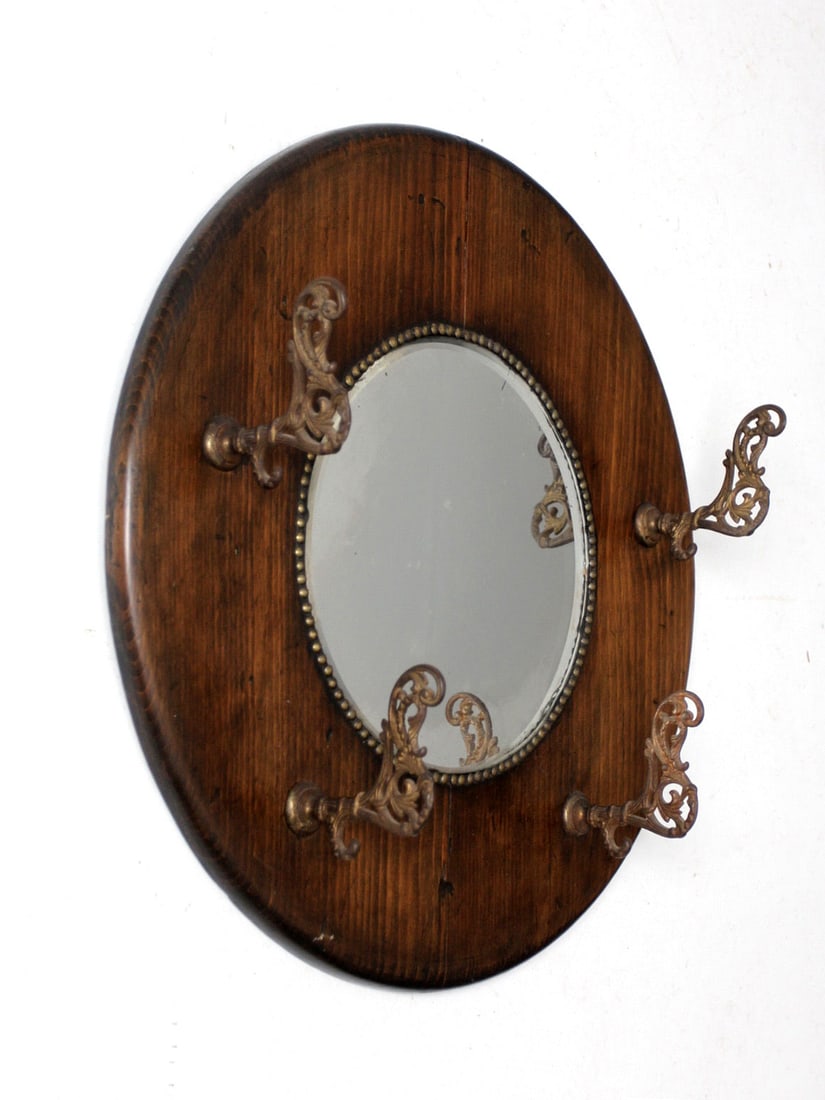 Antique Wooden Hall Mirror with Brass Hooks 23.5 Inch (1 of 11)