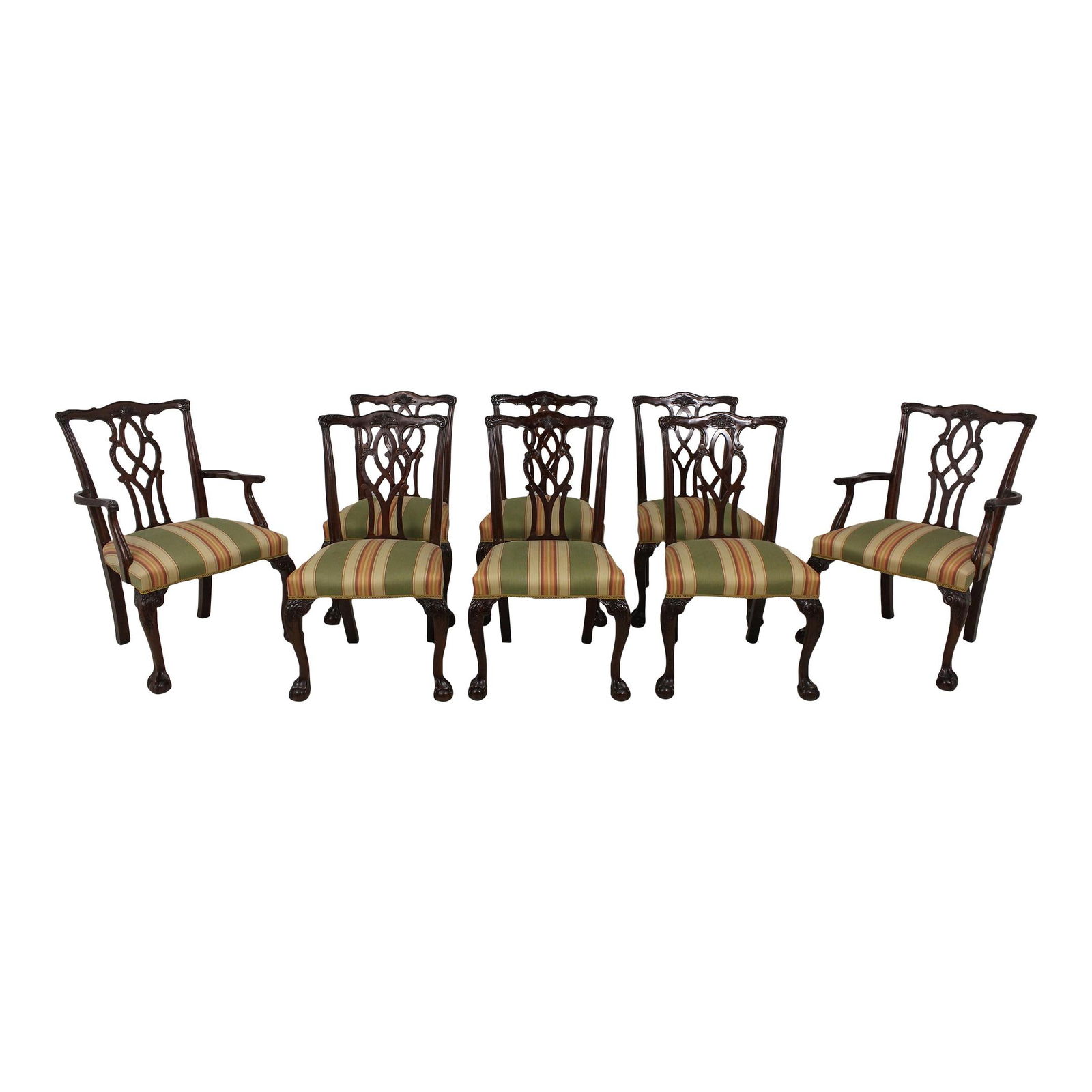 Set of 8 Kindel Chippendale Mahogany Dining Chairs with Ball & Claw Feet: Set of 8 Kindel Chippendale Mahogany Dining Chairs with Ball & Claw Feet This exquisite set of 8 Kindel Ball & Claw dining room chairs showcases timeless elegance with their Chippendale style and fine