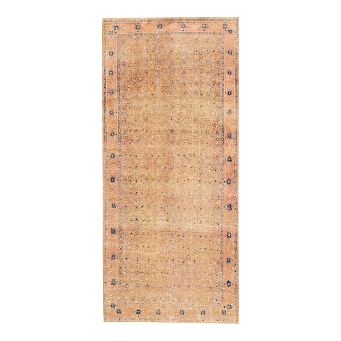Vintage Hand-Knotted Wool Rug Peach Geometric Design 4'3 x 9'5: Vintage Hand-Knotted Wool Rug Peach Geometric Design 4'3 x 9'5 Enhance your space with this stunning Vintage All Over hand-knotted wool rug, featuring a warm peach field adorned with blue, pink, and t