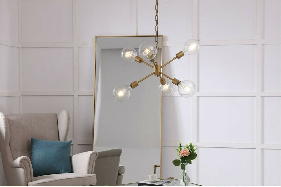 Nolan Modern Brass 6 Light Pendant Chandelier for Dining or Living Room: Nolan Modern Brass 6 Light Pendant Chandelier for Dining or Living Room This modern contemporary chandelier features a six-light Sputnik design with a brass finish, ideal for living rooms, dining room