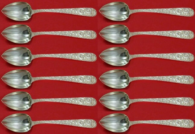Kirk Repousse Sterling Silver Grapefruit Spoon Set 12 Fluted Pieces: Kirk Repousse Sterling Silver Grapefruit Spoon Set 12 Fluted Pieces This exquisite custom set of 12 grapefruit spoons is crafted from high-quality sterling silver in the elegant Repousse pattern by Ki
