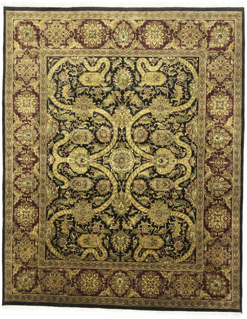 Hand-Knotted Wool Area Rug 8'2 x 10'1 Floral Traditional Handmade Carpet: Hand-Knotted Wool Area Rug 8'2 x 10'1 Floral Traditional Handmade Carpet This handmade floral traditional area rug features a hand-knotted wool construction with intricate patterns in black, maroon, r