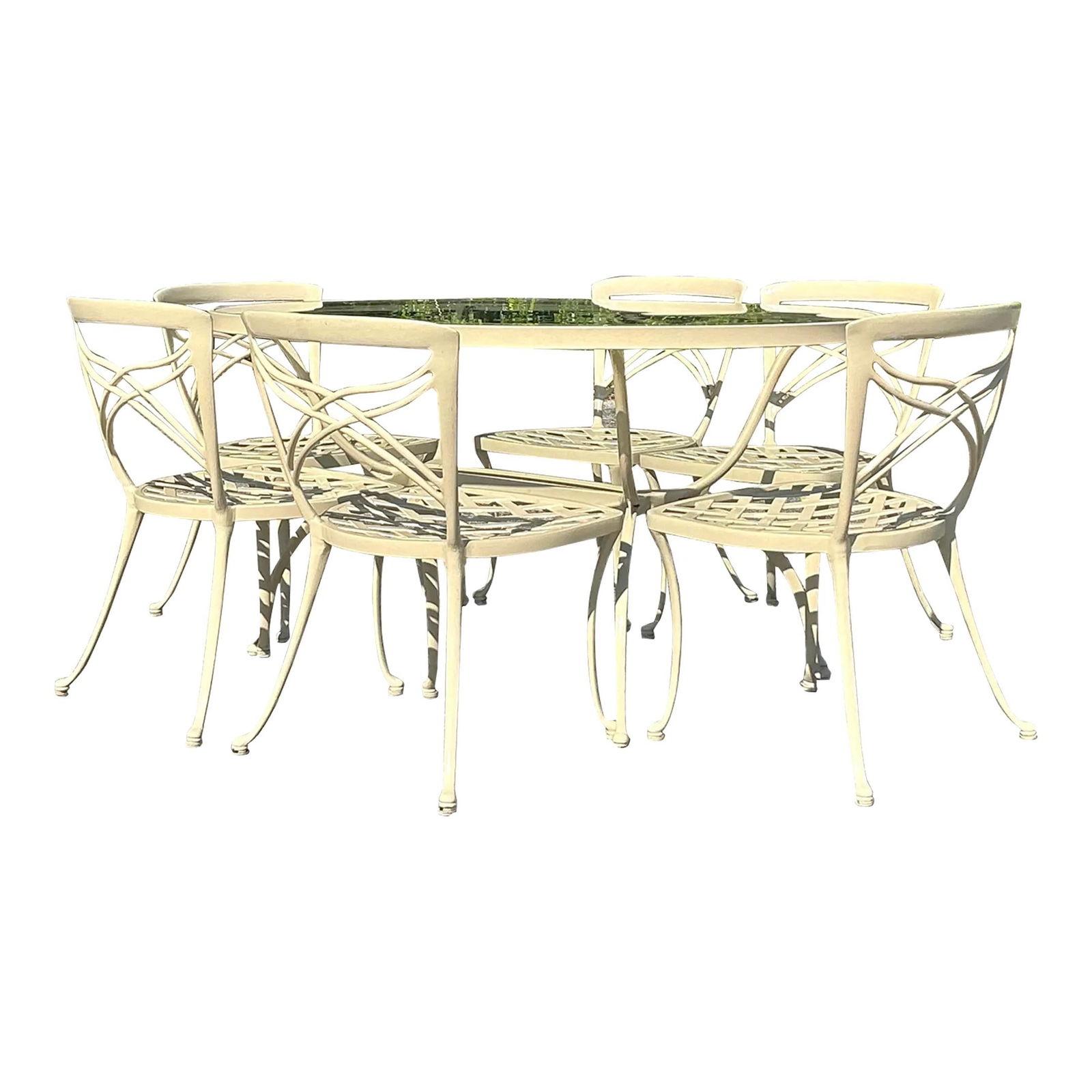 Vintage Brown Jordan Classic II Aluminum Patio Dining Set with Glass Table: Vintage Brown Jordan Classic II Aluminum Patio Dining Set with Glass Table Elevate your outdoor gatherings with this exquisite Vintage Brown Jordan Classic II cast aluminum patio dining set. The set i