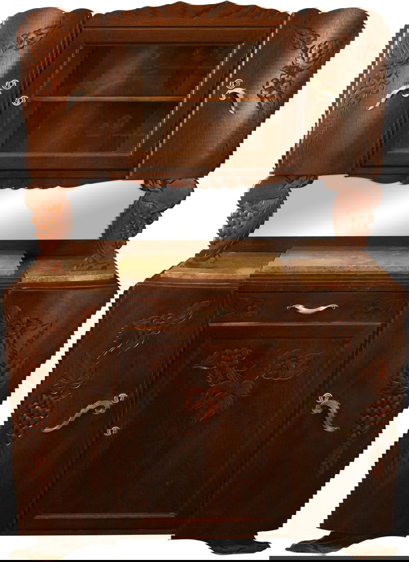 1920s French Oak Buffet Art Deco Chestnut Finish Wine Storage: 1920s French Oak Buffet Art Deco Chestnut Finish Wine Storage This exquisite 1920s French Oak Buffet is a must-have for wine lovers and collectors of vintage furniture. Crafted from solid oak and fini