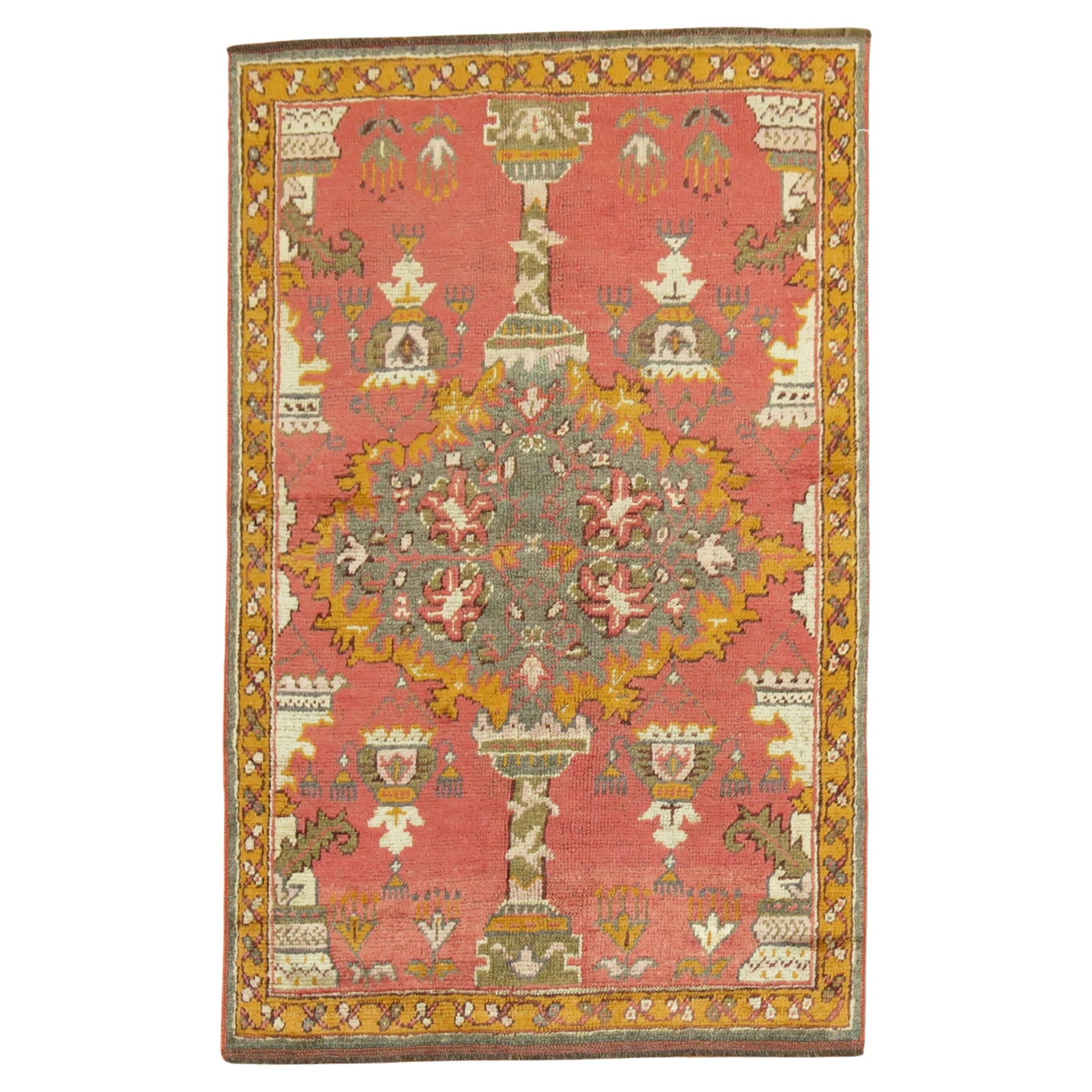 Zabihi Collection Antique Oushak Turkish Rug 3'5 x 5'3 Hand-Knotted Wool: Zabihi Collection Antique Oushak Turkish Rug 3'5 x 5'3 Hand-Knotted Wool This exquisite Antique Turkish Oushak Scatter Rug showcases the elegance of Hollywood Regency style, measuring 41 in (104.14 cm