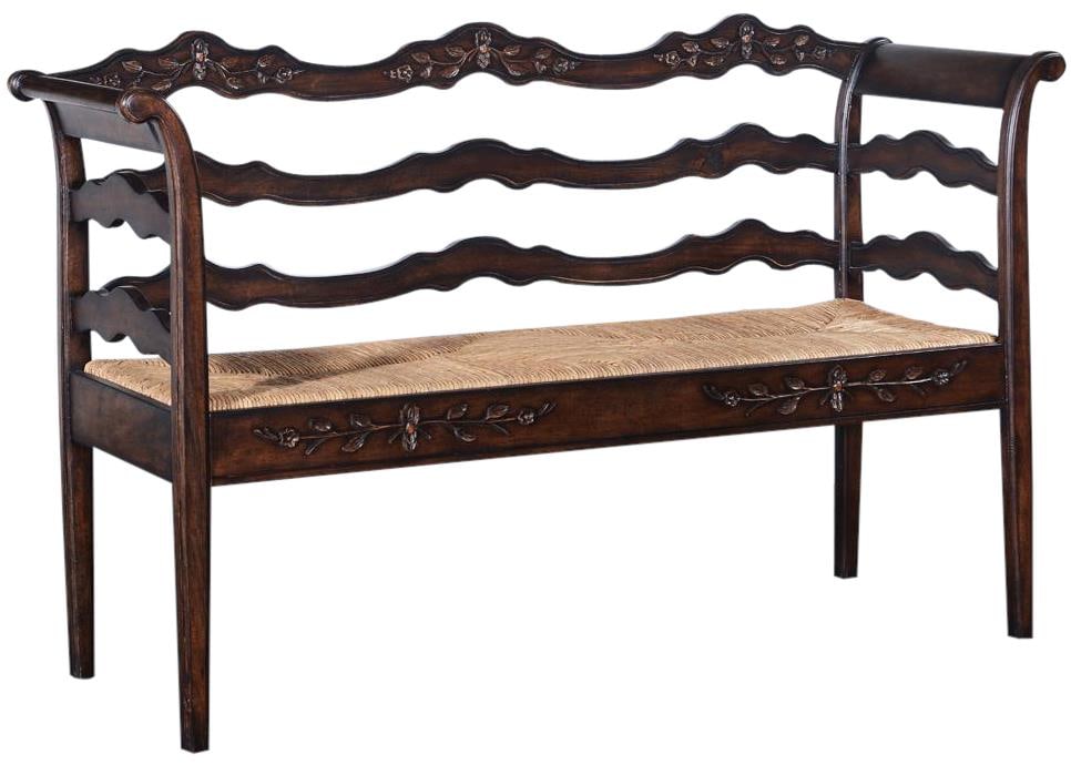 Swedish Style Hall Bench with Rattan Seat Distressed Walnut Finish (1 of 2)