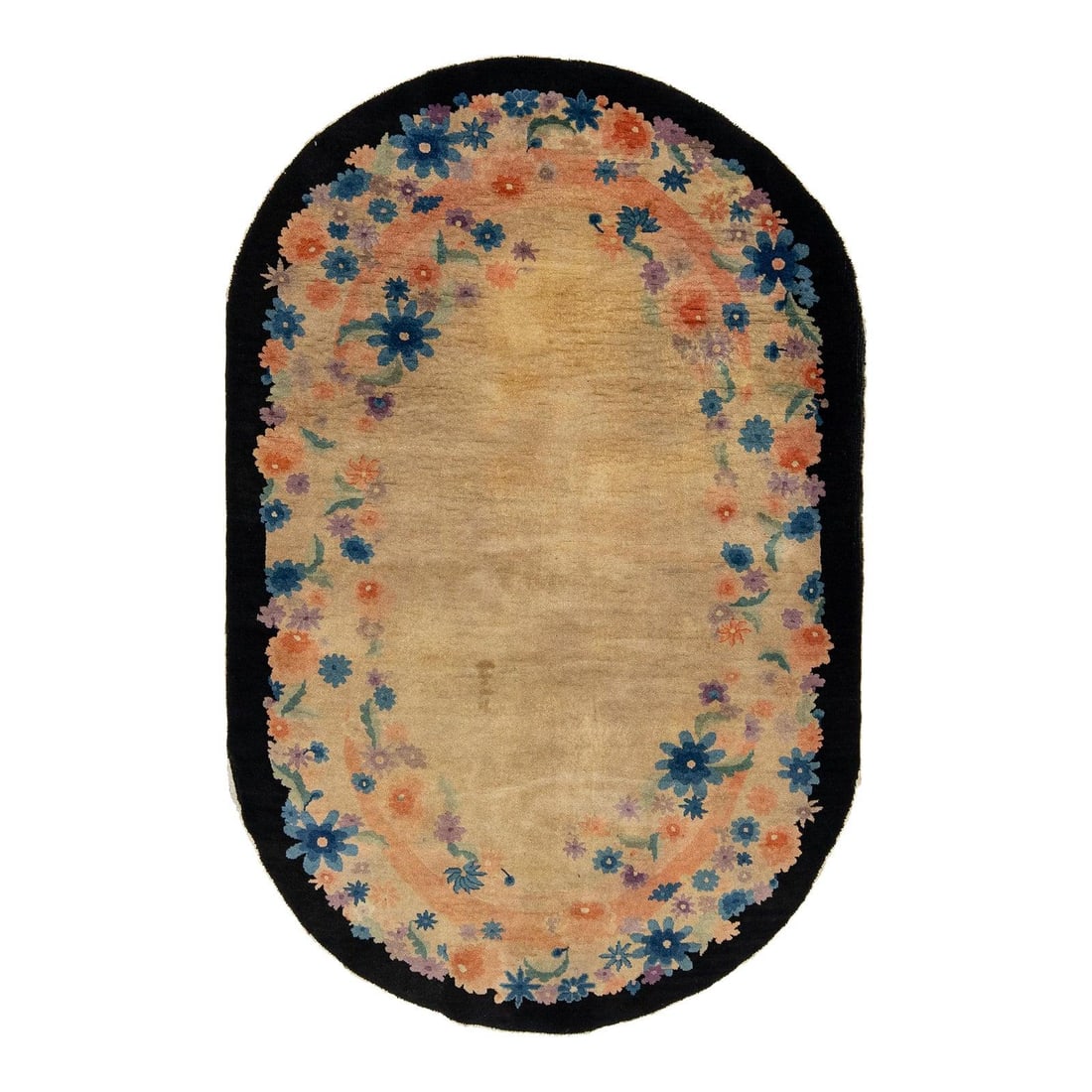 Antique Deco Oval Chinese Rug Tan Floral Design 5 x 7'7 Wool: Antique Deco Oval Chinese Rug Tan Floral Design 5 x 7'7 Wool This stunning antique hand-knotted oval Chinese rug features a warm tan background elegantly bordered in black. It showcases a vibrant, all
