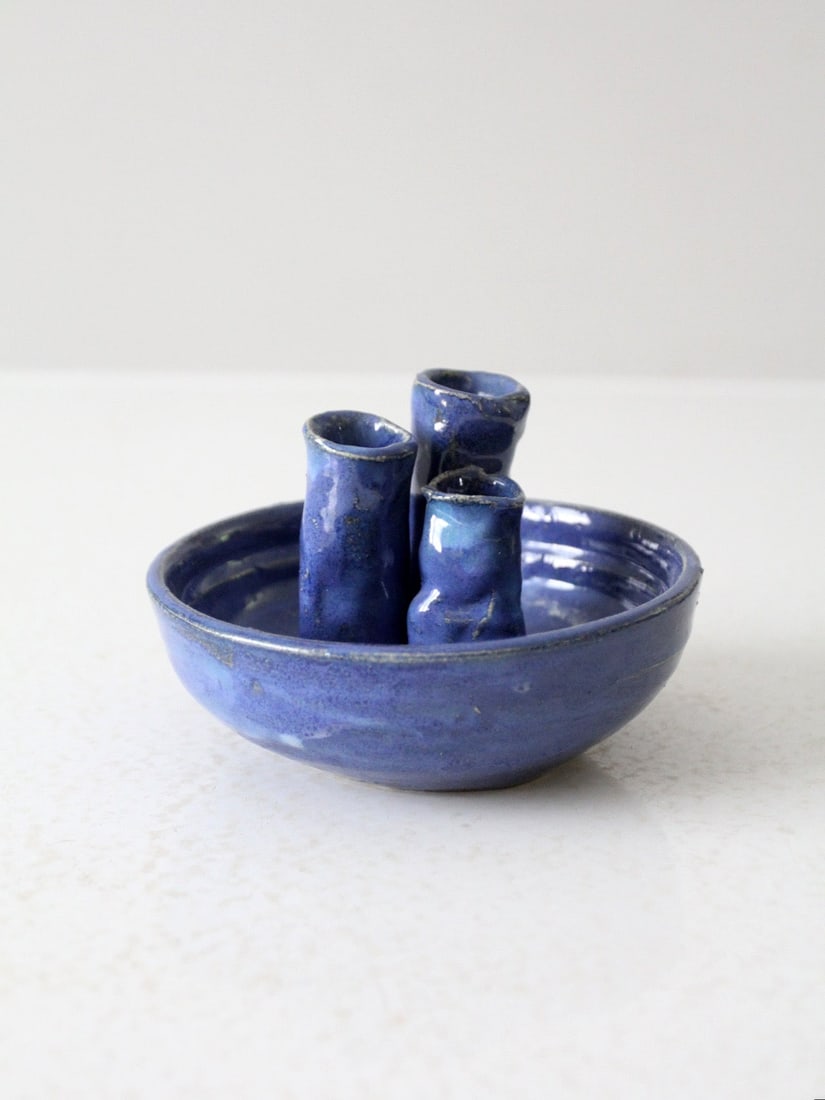 Vintage Handmade Ikebana Vase Bowl Blue Glaze 5.75" (1 of 11)