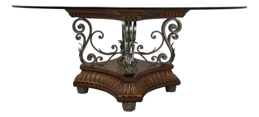 Marge Carson Round Beveled Glass Continental Dining Table Steel Base: Marge Carson Round Beveled Glass Continental Dining Table Steel Base This stunning Marge Carson Round Glass Top Continental Dining Room Table features a factory distressed beveled glass top, offering