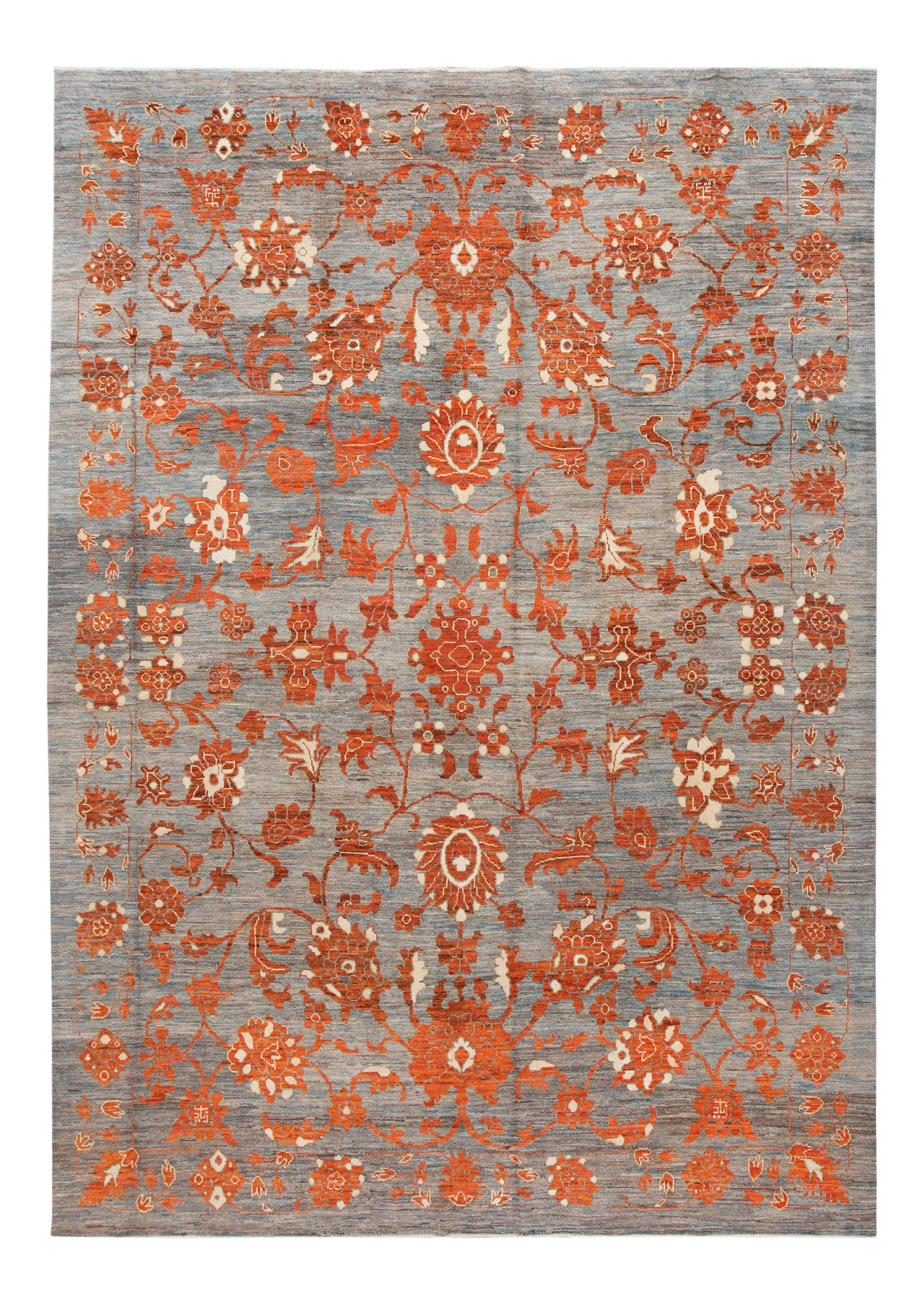 Oversize Gray Oushak Handmade Wool Rug with Floral Design: Oversize Gray Oushak Handmade Wool Rug with Floral Design This exquisite modern oversize Oushak rug is hand-knotted from high-quality wool, featuring a stunning gray field enhanced by vibrant orange a