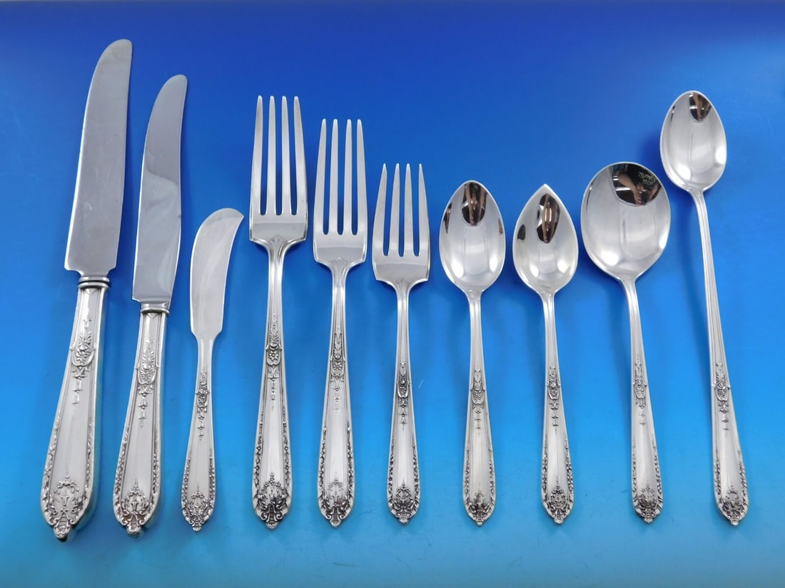 Alvin Della Robbia Sterling Silver Flatware Set 87 Pieces Service for 8: Alvin Della Robbia Sterling Silver Flatware Set 87 Pieces Service for 8 Elevate your dining experience with this exquisite Della Robbia flatware set by Alvin, crafted from sterling silver. This rare c