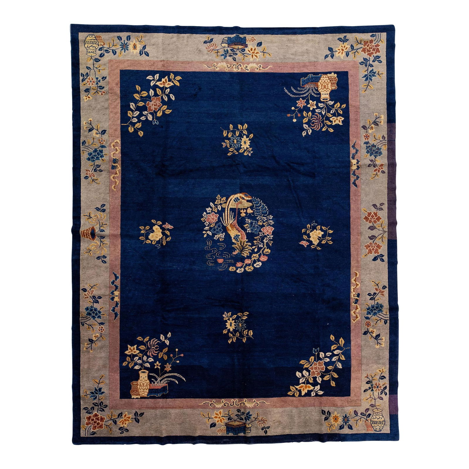 1920s Handmade Antique Peking Wool Rug Navy Blue Floral Design 9' x 11'7: 1920s Handmade Antique Peking Wool Rug Navy Blue Floral Design 9' x 11'7 This exquisite handmade Peking rug from the 1920s showcases a luxurious navy blue field, embellished with a beautifully designe