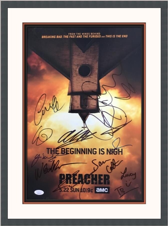 Preacher Cast Signed Photo Custom Framed 12x18 JSA Authenticated: Preacher Cast Signed Photo Custom Framed 12x18 JSA Authenticated This is a stunning custom-framed signed photo from the acclaimed TV series "Preacher," featuring an impressive collection of signatures