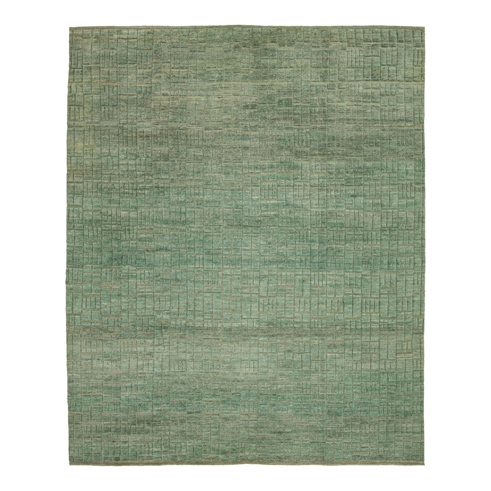 Vibrant Green Moroccan Wool Rug 12'2 x 14'9 Hand-Knotted Geometric Design: Vibrant Green Moroccan Wool Rug 12'2 x 14'9 Hand-Knotted Geometric Design Transform your space with this stunning 12'2" x 14'9" hand-knotted Moroccan wool rug. Featuring a vibrant green background, th