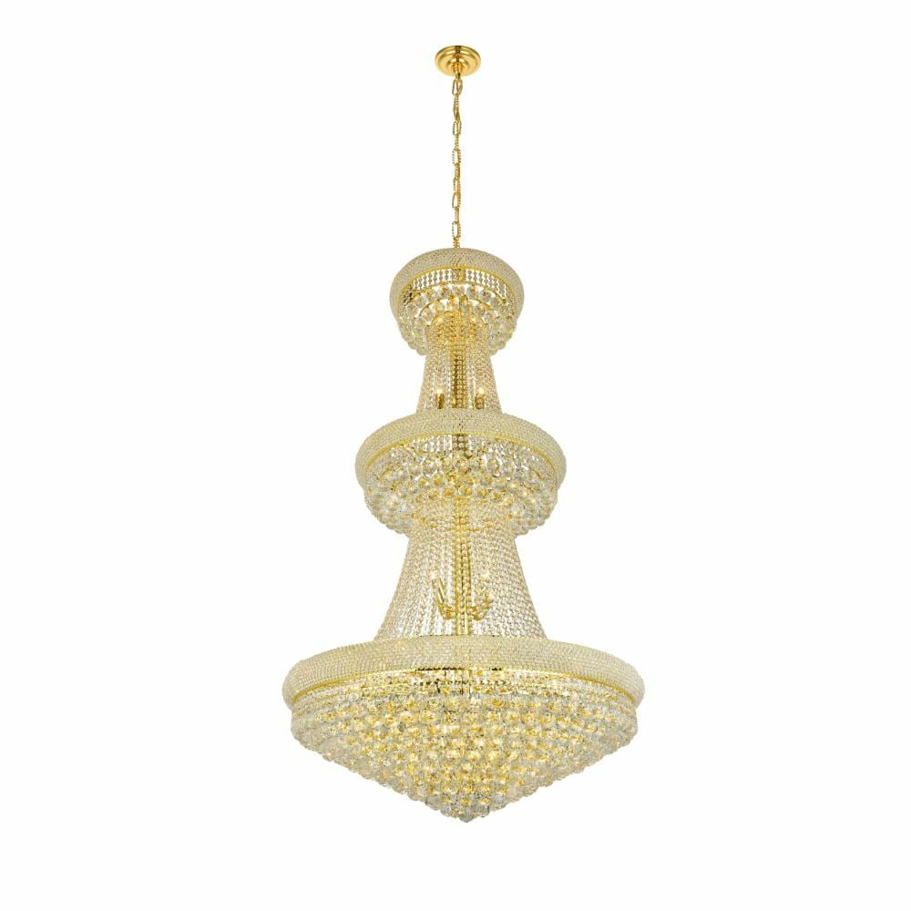 Elegant Lighting Primo 32-Light Gold Crystal Chandelier 66": Elegant Lighting Primo 32-Light Gold Crystal Chandelier 66" Elevate your space with this stunning 32-light crystal chandelier, featuring a luxurious gold finish and an elegant Empire design. Measuring