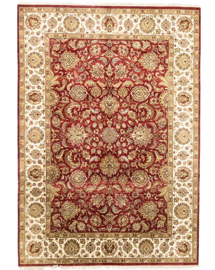 Hand-Knotted Wool Floral Area Rug 9'11 x 14'1 Red Agra Jaipur Design: Hand-Knotted Wool Floral Area Rug 9'11 x 14'1 Red Agra Jaipur Design This handmade Agra Jaipur area rug features a floral design in shades of red, ivory, gold, camel, olive, and tan. Crafted in India