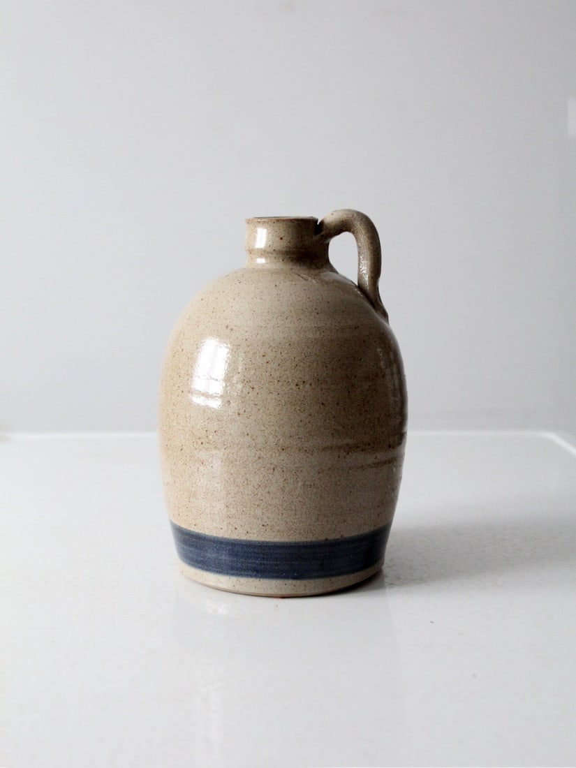 Vintage Signed Stoneware Jug Vase with Blue Accent 9.5 Inch (1 of 11)