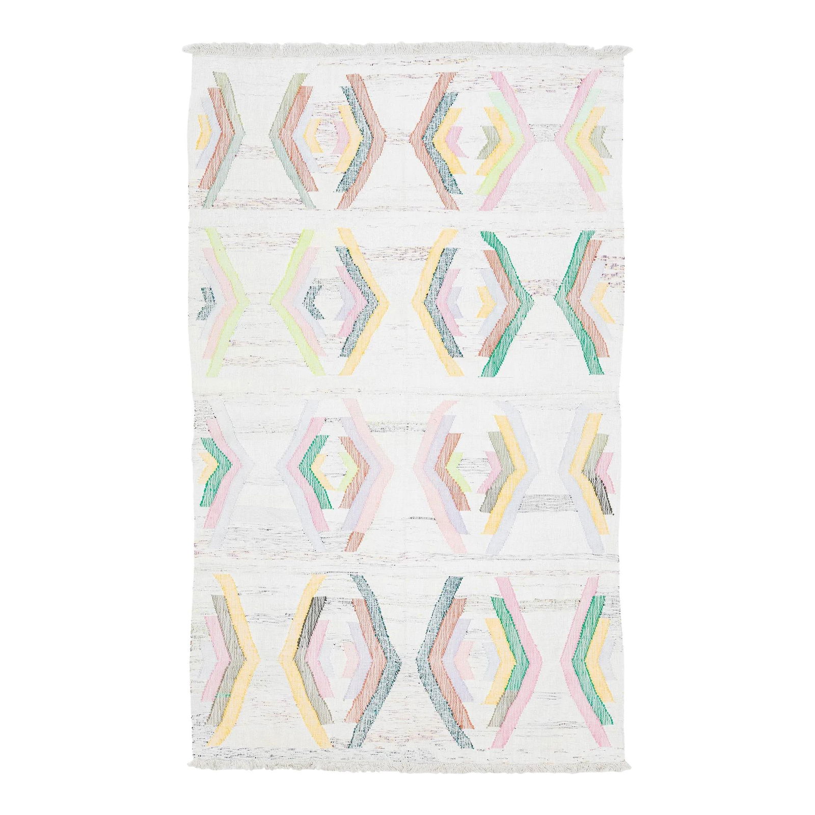 Kilim Flatweave Beige Wool Rug Geometric Design 6'5 x 10'9: Kilim Flatweave Beige Wool Rug Geometric Design 6'5 x 10'9 Enhance your space with this stylish Kilim flatweave rug, crafted from high-quality wool. The rug features a beige base adorned with a vibran