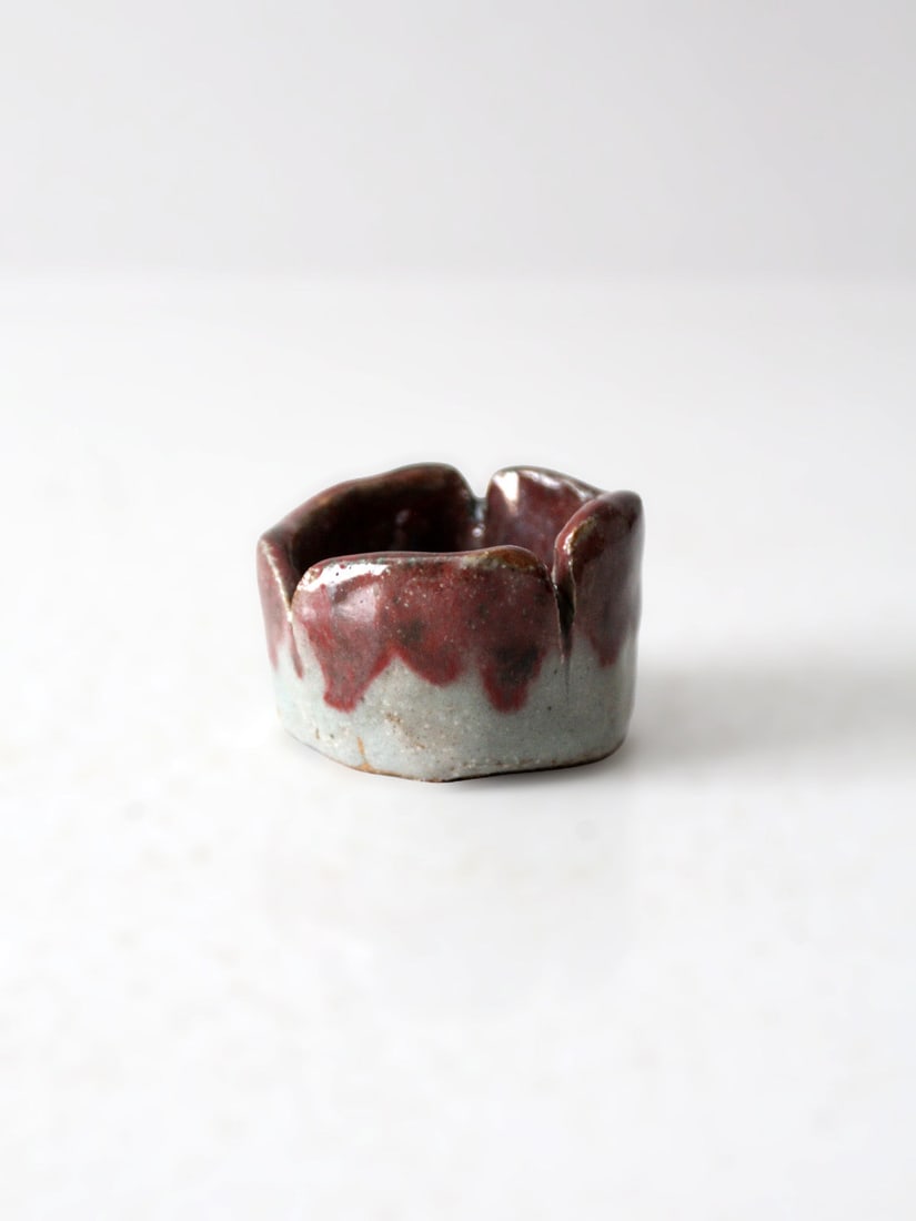 Handcrafted Small Vintage Studio Pottery Bowl with Gray and Wine Glaze: Handcrafted Small Vintage Studio Pottery Bowl with Gray and Wine Glaze This mini vintage studio pottery vase features a handcrafted shape with a softly faceted profile and a unique glaze, blending mut