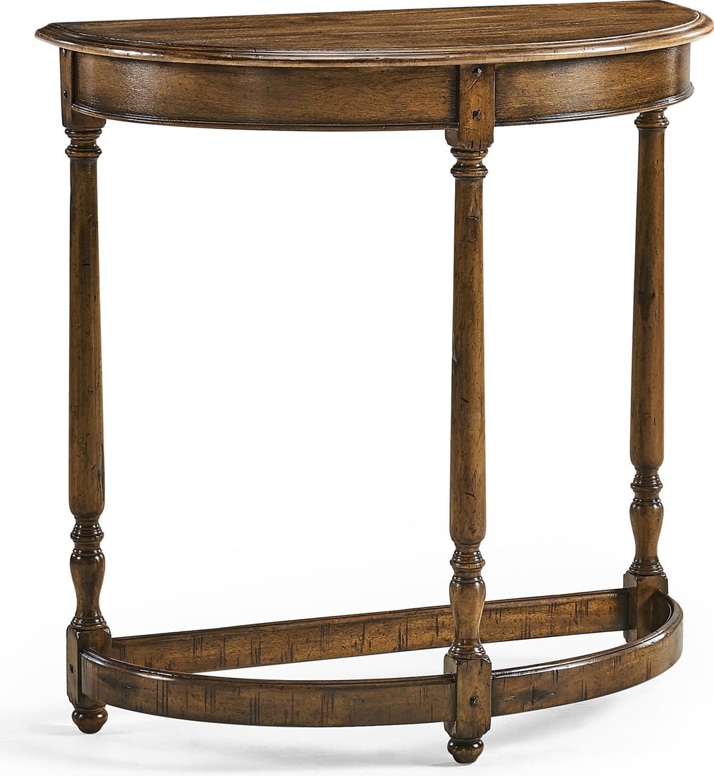 Jonathan Charles Heavily Distressed Demilune Console Table: Jonathan Charles Heavily Distressed Demilune Console Table This exquisite walnut demilune console table showcases a charming farmhouse appeal, perfectly blending vintage style with modern craftsmanshi