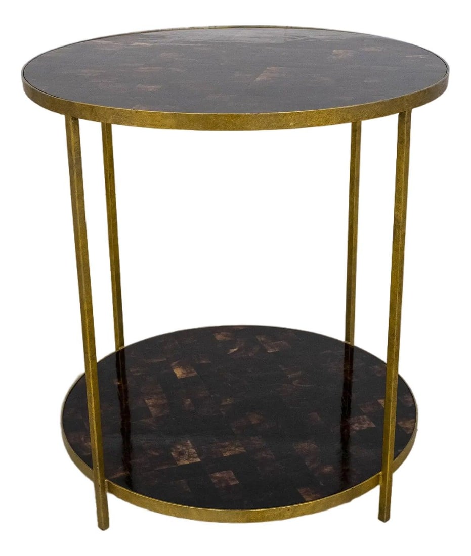 Elegant Round Marble Top Decorator Lamp Table Gold Finish: Elegant Round Marble Top Decorator Lamp Table Gold Finish This elegant Round Tessellated Marble Top Decorator Lamp Table features a stunning tessellated marble overlay on its surface, complemented by