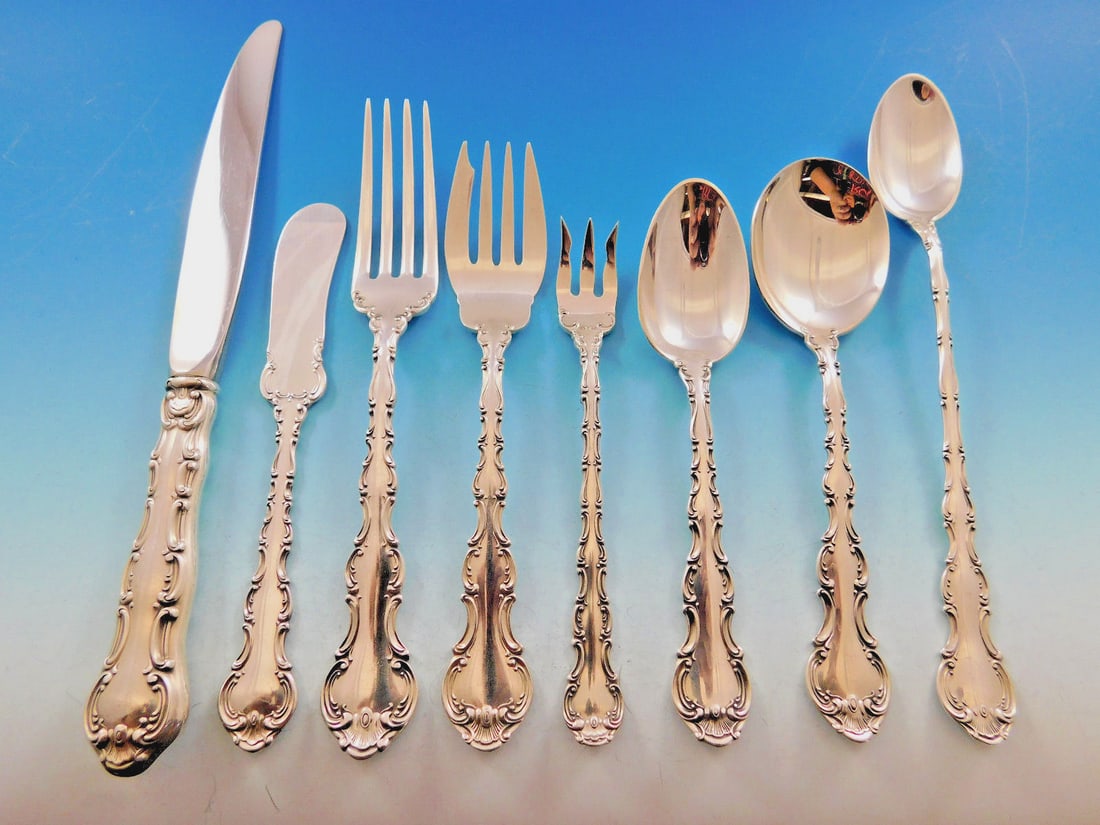 Gorham Strasbourg Sterling Silver Flatware Set 76 Pieces for 8: Gorham Strasbourg Sterling Silver Flatware Set 76 Pieces for 8 Elevate your dining experience with the Strasbourg Sterling Silver Flatware Set by Gorham, featuring a stunning 76-piece collection desig