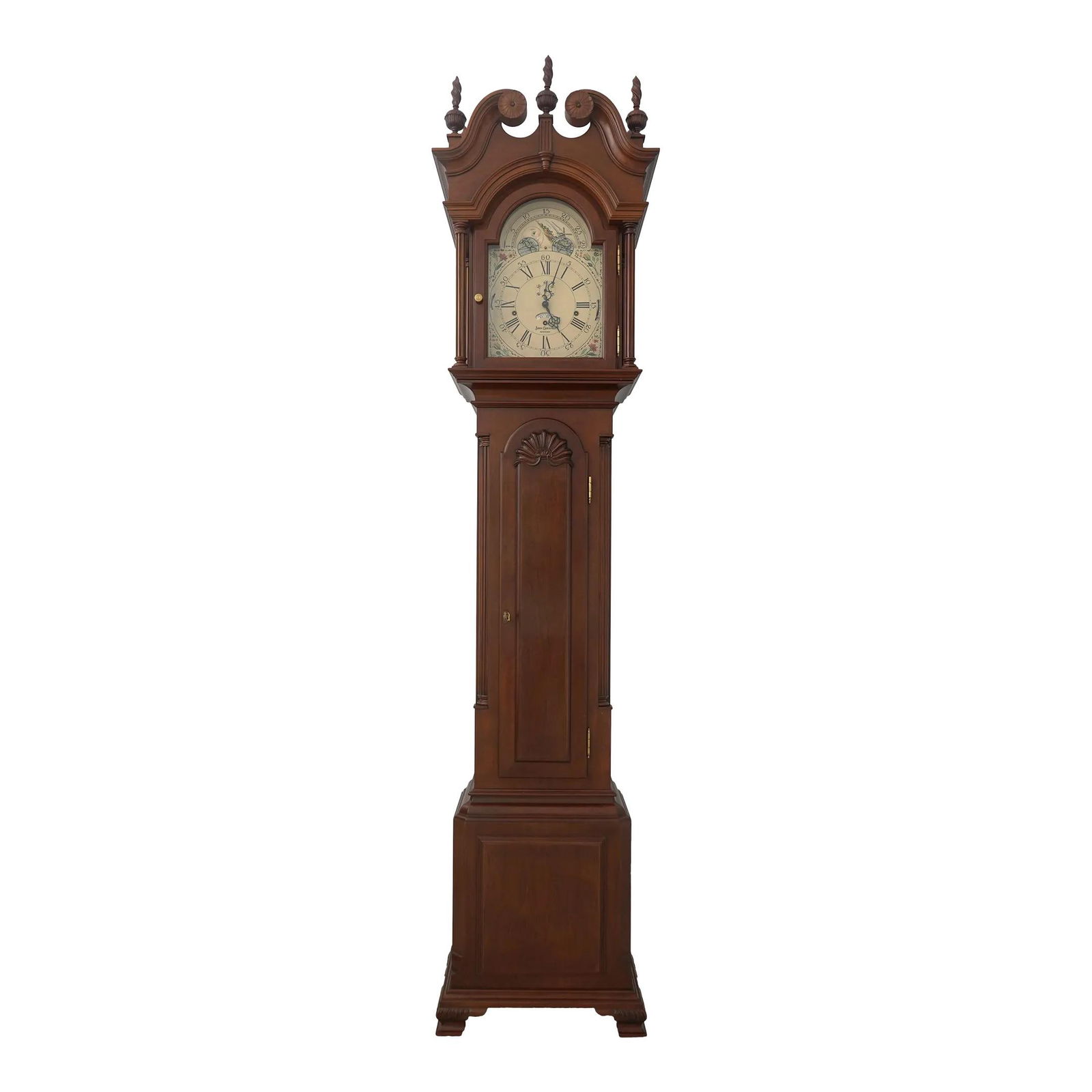 Sligh John Goddard Cherry Grandfather Clock with Beveled Glass and Brass Movement: Sligh John Goddard Cherry Grandfather Clock with Beveled Glass and Brass Movement Experience timeless elegance with this Sligh John Goddard Cherry Grandfather Clock, approximately 30 years old. This e