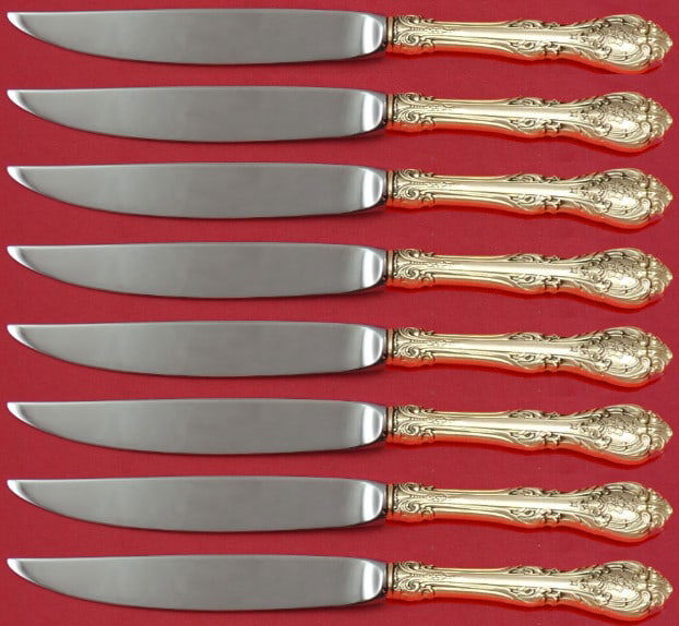 Gorham King Edward Sterling Silver 8pc Steak Knife Set Not Serrated: Gorham King Edward Sterling Silver 8pc Steak Knife Set Not Serrated This exquisite set of eight steak knives from Gorham features the elegant King Edward pattern, crafted from high-quality sterling si