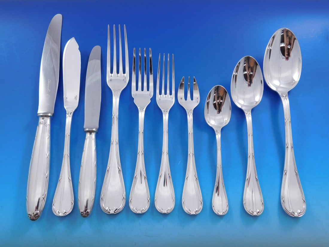 Christofle Rubans Silverplate Flatware Set 131 Pieces France: Christofle Rubans Silverplate Flatware Set 131 Pieces France Discover the exquisite craftsmanship of the Rubans by Christofle Silverplate Flatware Service Set, a monumental collection of 131 pieces de
