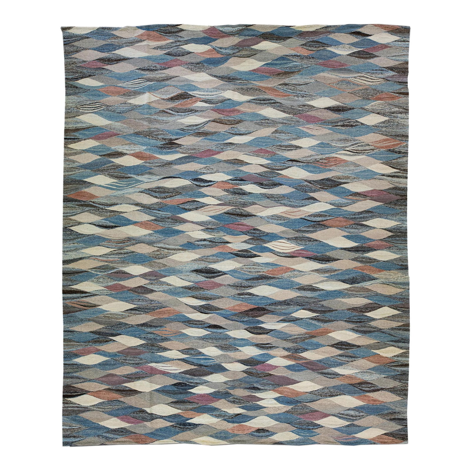 Handmade Modern Abstract Blue Wool Kilim Rug 11'8 x 14'5: Handmade Modern Abstract Blue Wool Kilim Rug 11'8 x 14'5 Transform your space with this stunning Modern Abstract Blue Flat-Weave Oversize Wool Rug. Handcrafted using traditional Kilim weaving techniqu