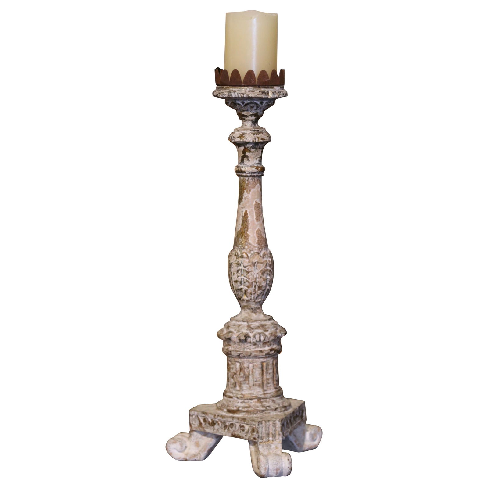 19th Century Italian Louis XV Polychrome Giltwood Candlestick: 19th Century Italian Louis XV Polychrome Giltwood Candlestick Enhance your living space with this exquisite 19th Century Italian Polychrome Carved Giltwood and Painted Candlestick. Standing at 22 inch