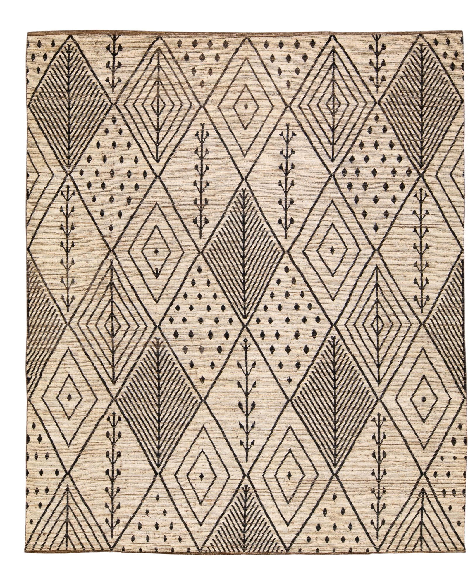 Oversized Beige Moroccan Handmade Wool Rug 12'4 x 14'9 Boho Design: Oversized Beige Moroccan Handmade Wool Rug 12'4 x 14'9 Boho Design Elevate your home decor with this exquisite Moroccan style handmade wool rug. Featuring a beautiful beige field adorned with rich bro