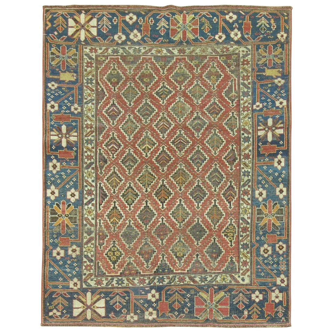 Antique 19th Century Hand-Knotted Caucasian Tribal Rug 45 x 59 in: Antique 19th Century Hand-Knotted Caucasian Tribal Rug 45 x 59 in This exquisite 19th Century Rustic Caucasian Tribal Throw Rug showcases a unique blend of rustic colors and a tribal design, making it