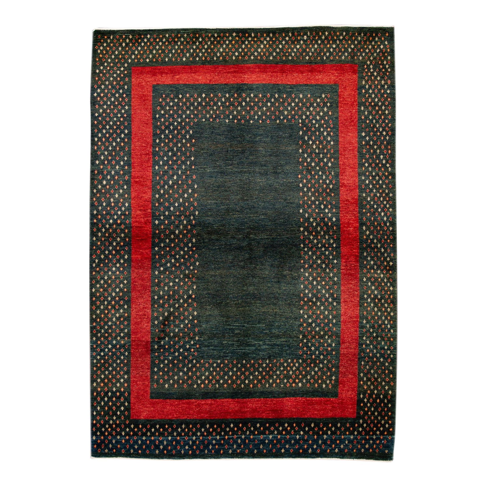 Handmade Modern Persian Gabbeh Green Wool Rug 5 x 7'2 Geometric Design: Handmade Modern Persian Gabbeh Green Wool Rug 5 x 7'2 Geometric Design Enhance your living space with this stunning Modern Persian Gabbeh handmade rug. Featuring a vibrant green field and a striking r