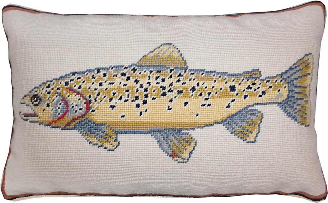 Handmade Folk Art Pillow with Swimming Brown Trout Design: Handmade Folk Art Pillow with Swimming Brown Trout Design Enhance your living space with this vibrant pillow accent featuring a beautifully designed swimming brown trout. This handmade pillow combines