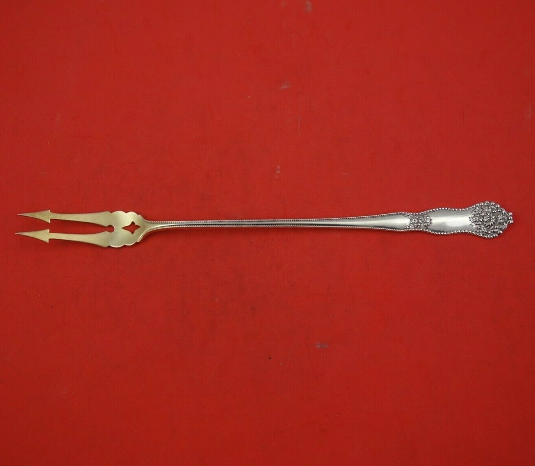 Mount Vernon Adolphus Sterling Silver Pickle Fork Gold Washed 8 5/8": Mount Vernon Adolphus Sterling Silver Pickle Fork Gold Washed 8 5/8" This exquisite serving fork is a sterling silver pickle fork from the renowned Adolphus pattern by Mount Vernon. Crafted between 19