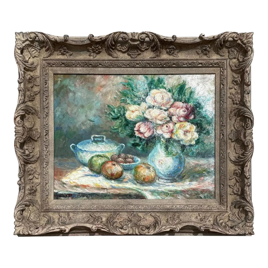 Expressive Oil Still Life Painting Signed Floral and Fruit Scene on Canvas: Expressive Oil Still Life Painting Signed Floral and Fruit Scene on Canvas This vintage boho abstract still life is an expressive oil painting on canvas, signed by the artist. The artwork showcases a