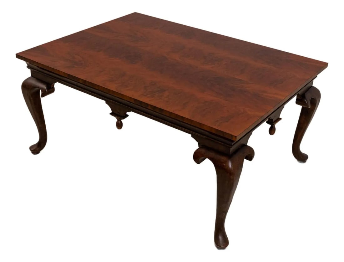 English Inspired Burl Walnut Coffee Table with Distressed Legs: English Inspired Burl Walnut Coffee Table with Distressed Legs This English style coffee table by Theodore Alexander features a factory distressed finish on the legs and a striking burl walnut top. Cr