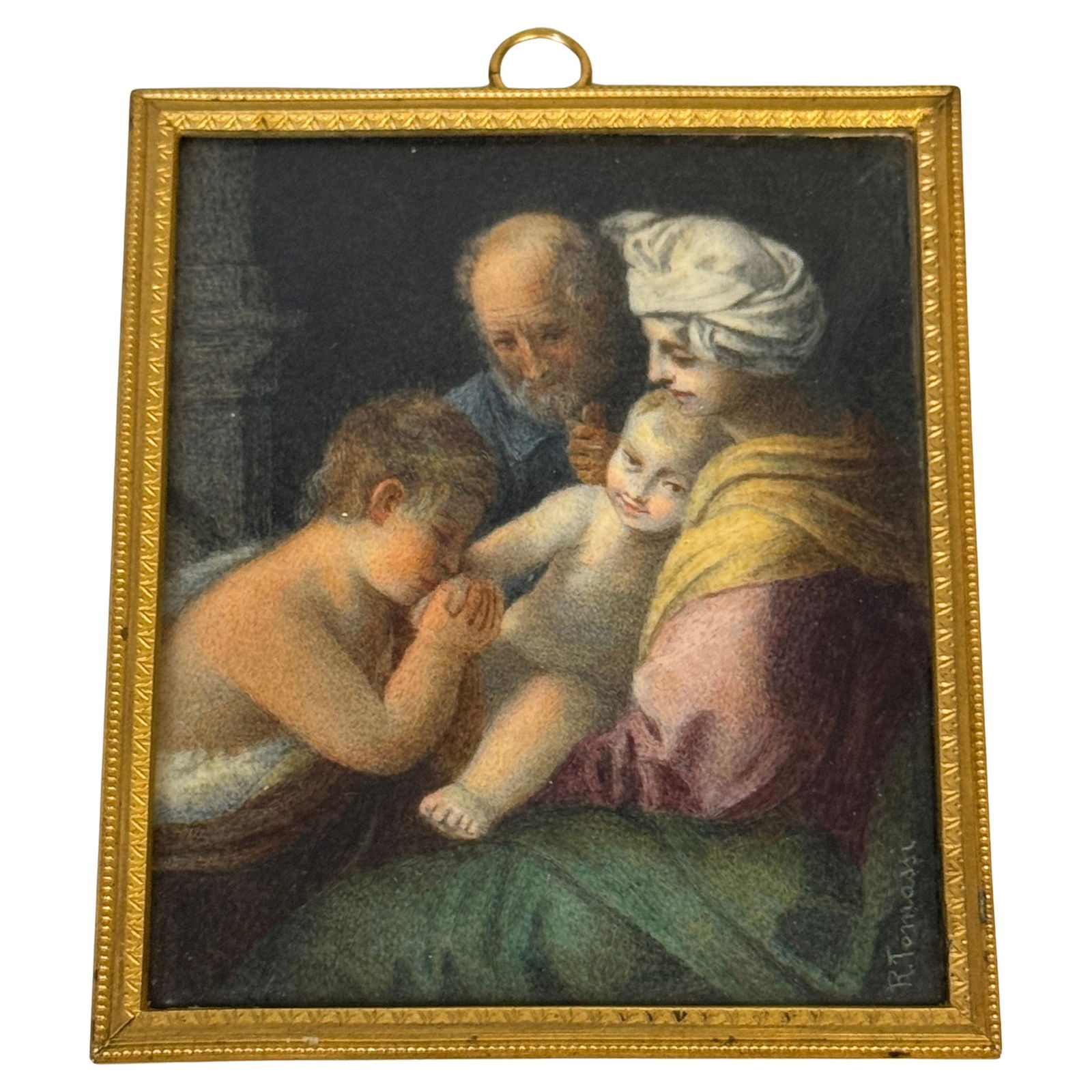 19th C Italian Grand Tour Miniature Holy Family Signed R Tomassi: 19th C Italian Grand Tour Miniature Holy Family Signed R Tomassi Immerse yourself in the elegance of this exquisite 19th-century Italian Grand Tour miniature, beautifully signed by R. Tomassi. This ha