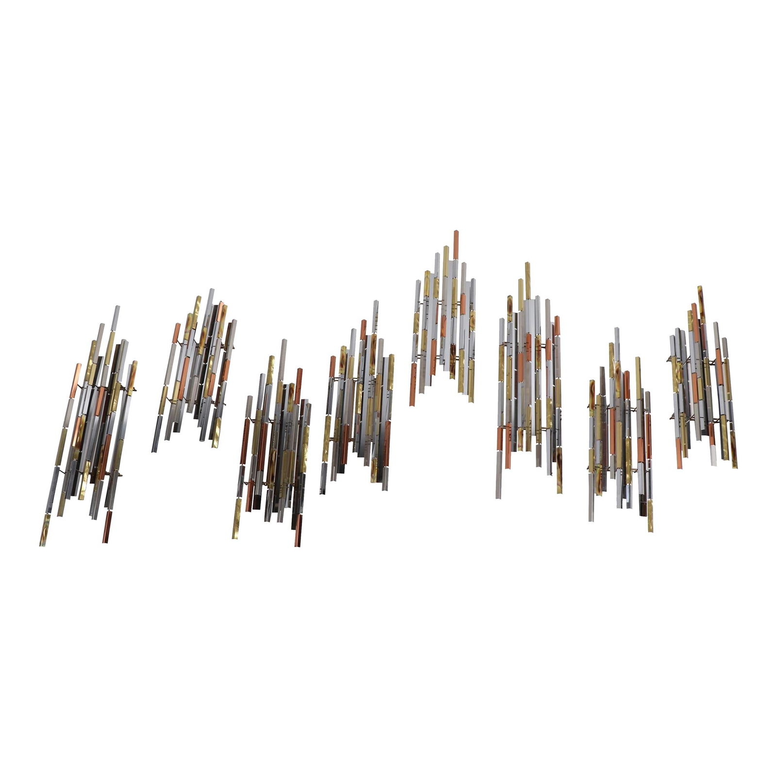 R. Berger 1993 Modernist Wall Sculpture Cityscape Set of 3: R. Berger 1993 Modernist Wall Sculpture Cityscape Set of 3 This striking wall mount sculpture by R. Berger, dated 1993, features a Cityscape style design composed of 8 separate segments, each with app