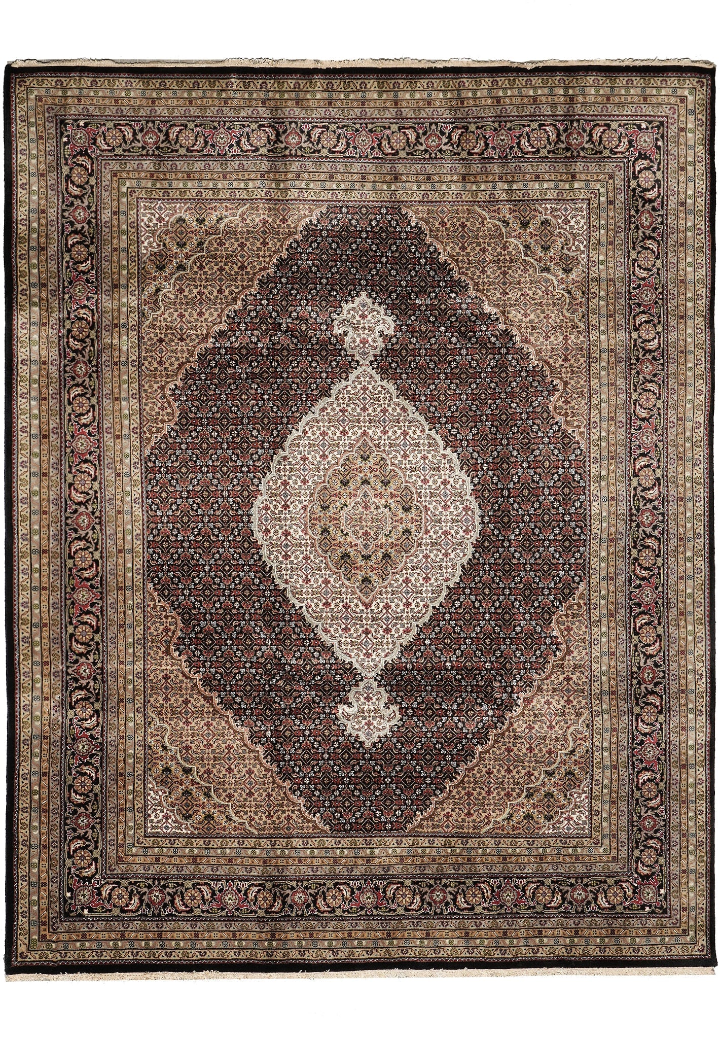 8.1 x 10.1 Tabriz Mahi Hand-Knotted Wool Silk Area Rug Black Ruby: 8.1 x 10.1 Tabriz Mahi Hand-Knotted Wool Silk Area Rug Black Ruby Free continental US Shipping This hand-knotted area rug, measuring 8.1 x 10.1 feet, is crafted from a high-quality blend of wool and s