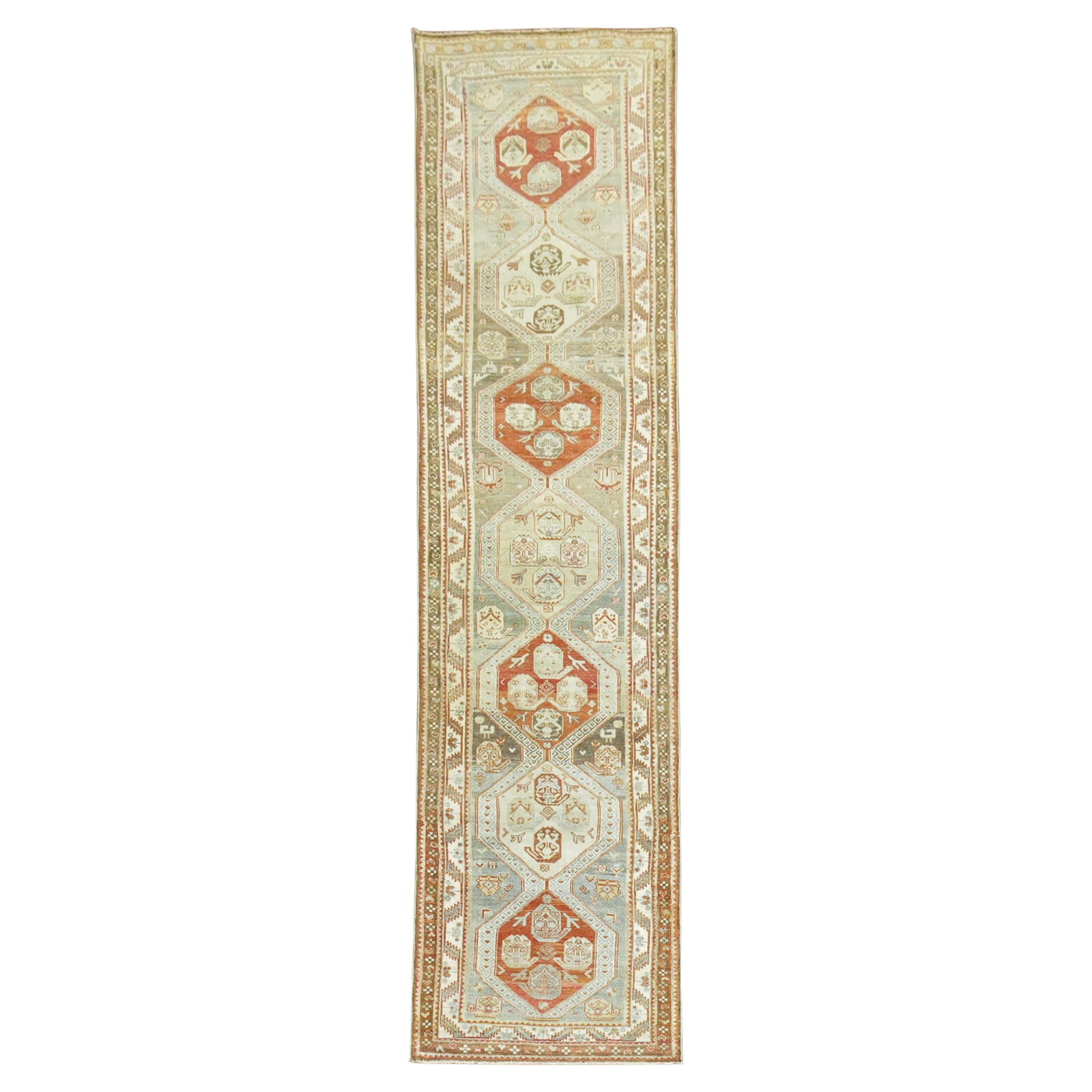 Antique Persian Malayer Runner 3'2'' x 12' Wool Hand-Knotted Iran 1930s: Antique Persian Malayer Runner 3'2'' x 12' Wool Hand-Knotted Iran 1930s This stunning early 20th century Persian Malayer runner showcases a harmonious blend of soft blue, brown, and apricot tones, mak