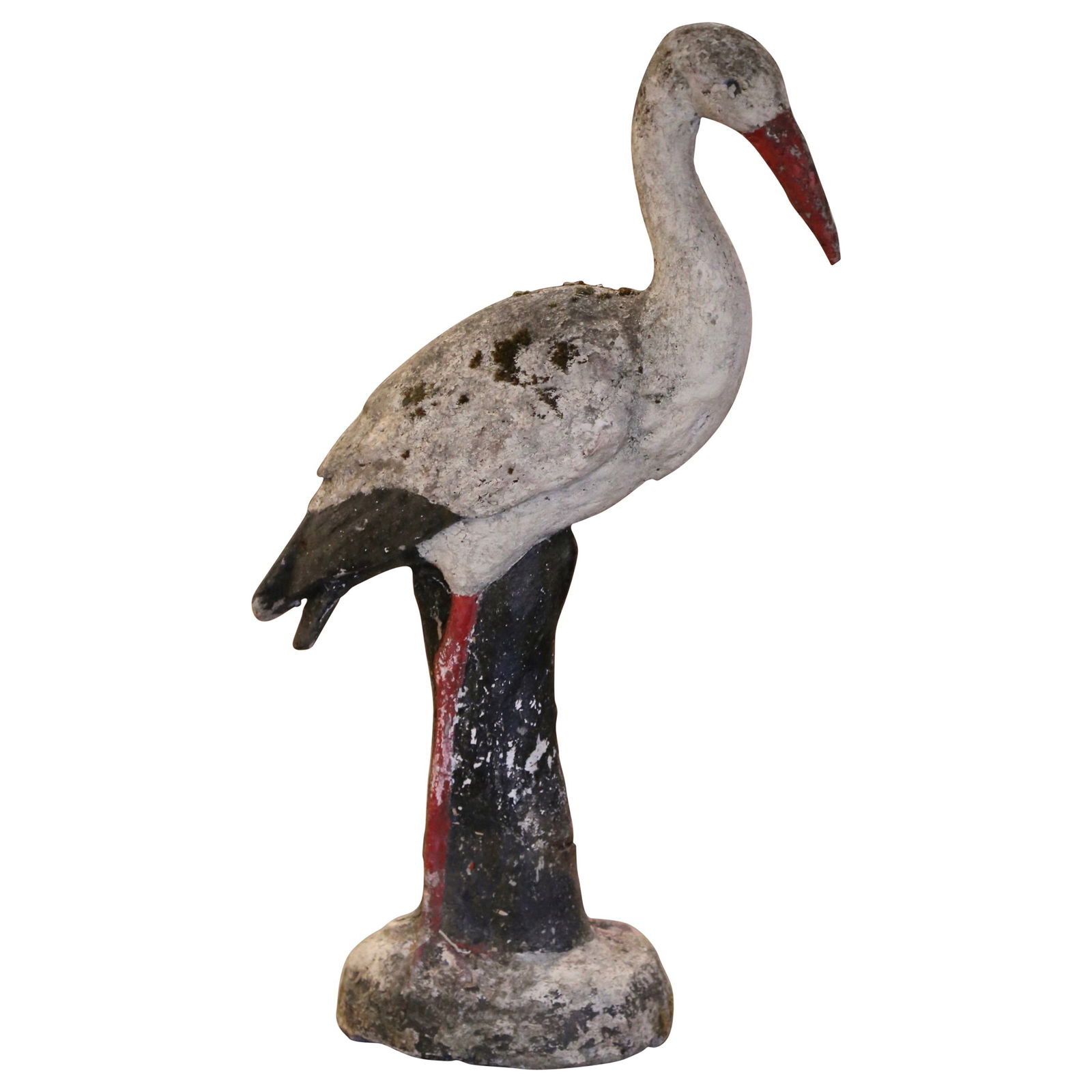 19th Century Hand-Painted French Concrete Crane Garden Sculpture: 19th Century Hand-Painted French Concrete Crane Garden Sculpture Enhance your outdoor space with this stunning 19th Century French Concrete Weathered Painted Crane Bird Garden Sculpture. Standing tall