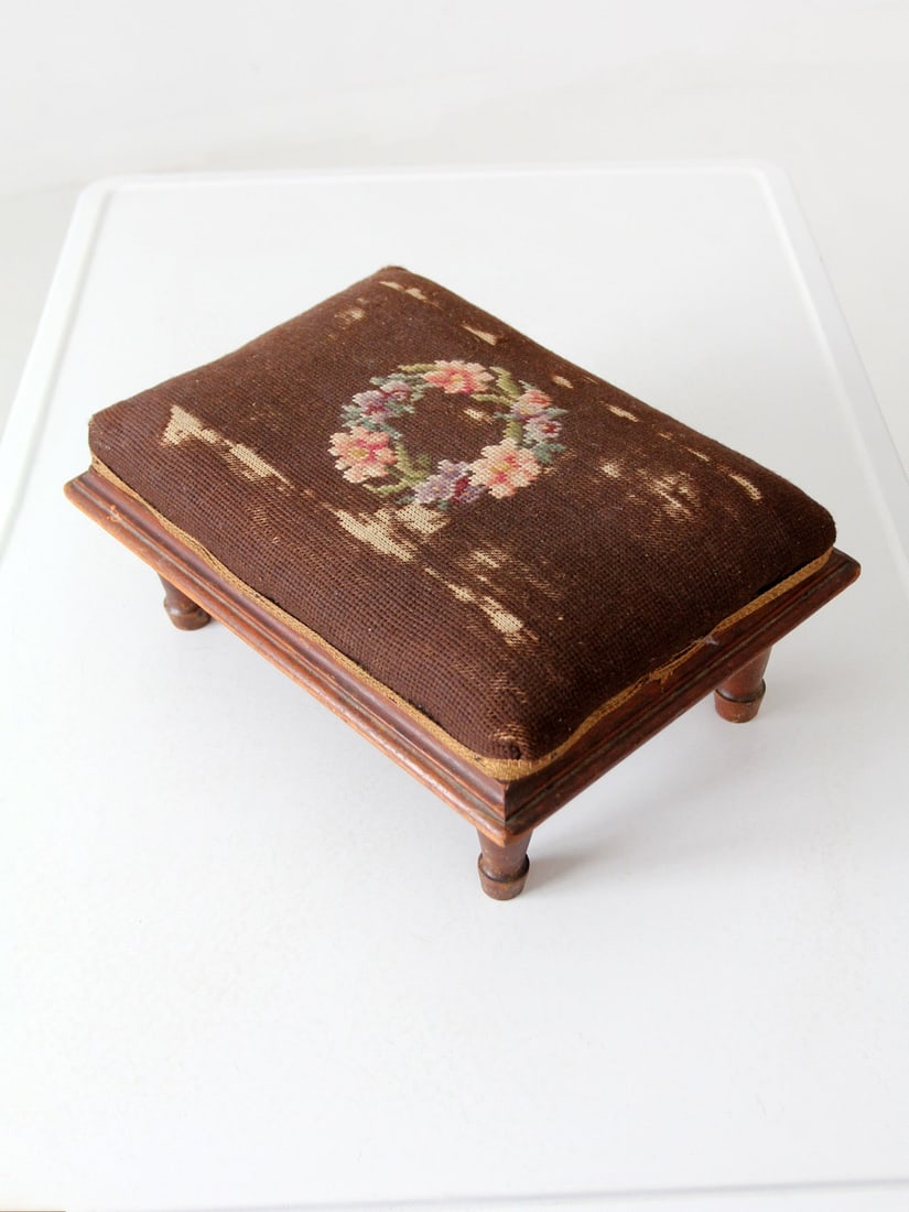 Antique Victorian Footstool with Floral Needlepoint Upholstery (1 of 15)