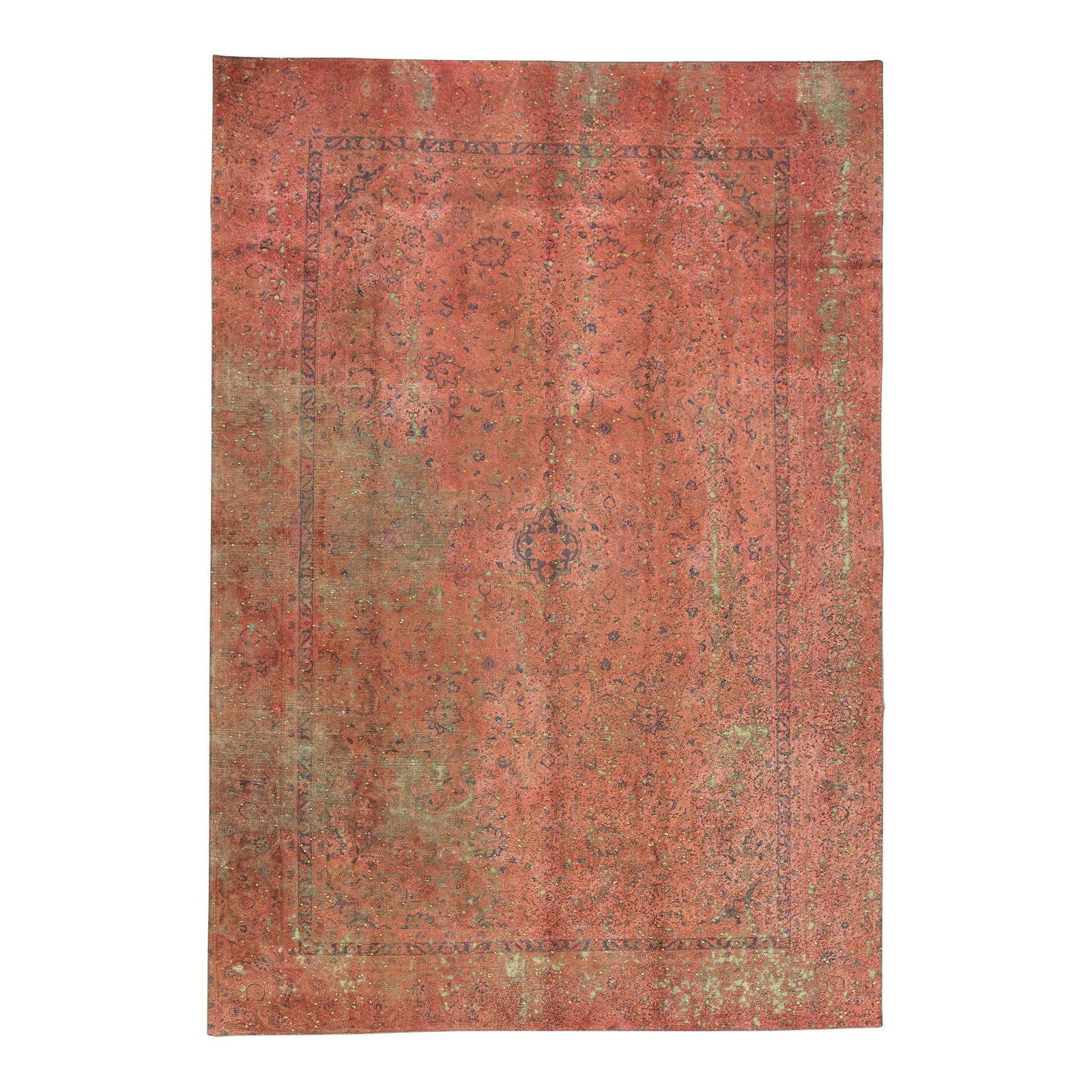 Vintage Overdyed Handmade Wool Rug 7'3 x 10'4 Rust Floral Design: Vintage Overdyed Handmade Wool Rug 7'3 x 10'4 Rust Floral Design This vintage Overdyed handmade wool rug features a striking rust field adorned with geometric floral designs in shades of green and dar