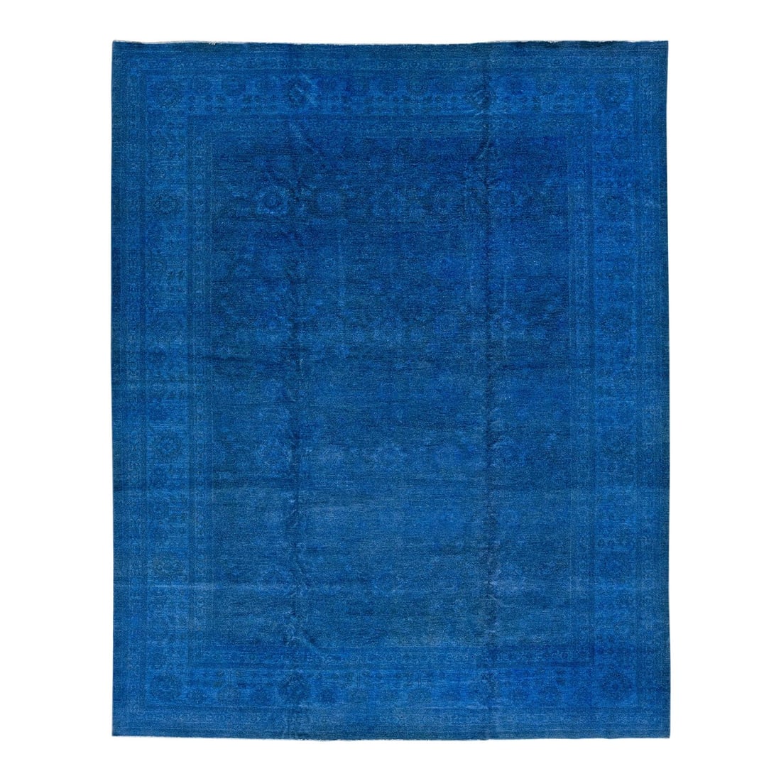 Vintage Blue Overdyed Hand-Knotted Wool Peshawar Rug 12' x 14'11": Vintage Blue Overdyed Hand-Knotted Wool Peshawar Rug 12' x 14'11" This stunning vintage overdyed hand-knotted wool rug features a captivating blue color field accented with gray in an intricate all-ov