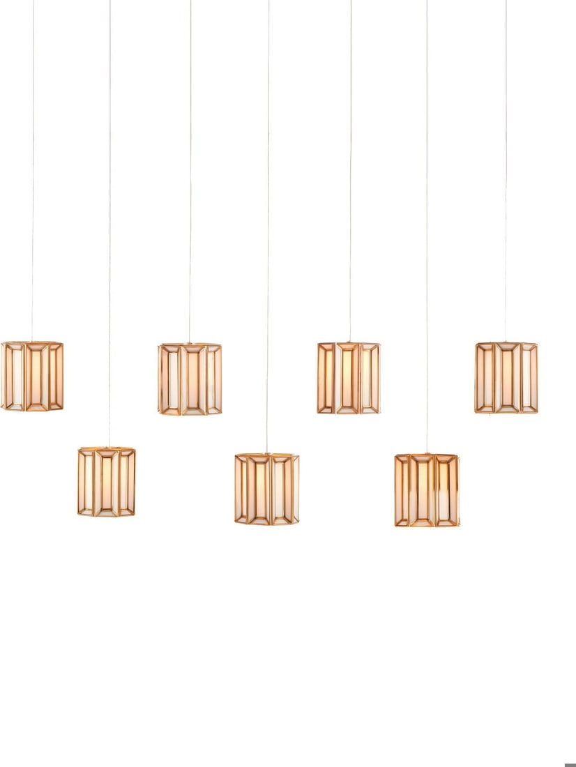 Currey Daze 7-Light Brass Milk Glass Pendant Light: Currey Daze 7-Light Brass Milk Glass Pendant Light Illuminate your space with this Elegant Milk Glass and Brass Pendant Light, crafted in a vintage style. Featuring a rectangular design, this multi-dr