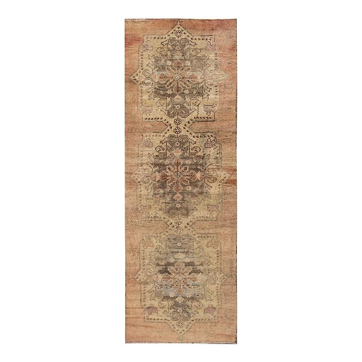 Turkish Anatolian Beige Medallion Hand-Knotted Wool Runner 3'2" x 9'9": Turkish Anatolian Beige Medallion Hand-Knotted Wool Runner 3'2" x 9'9" This stunning vintage Turkish Anatolian runner showcases exquisite hand-knotted craftsmanship with a soft beige field. The design