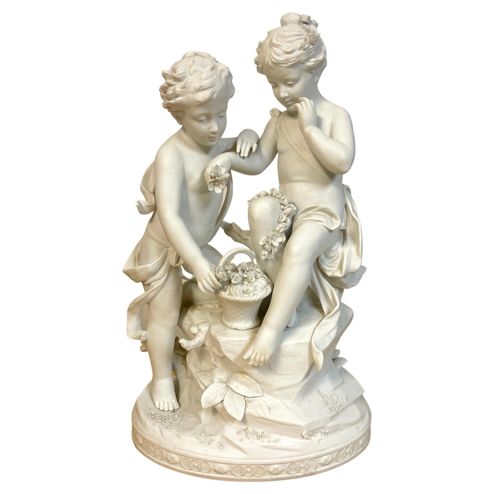 Sevres Style Porcelain Biscuit Grouping Children with Flowers 20th Century: Sevres Style Porcelain Biscuit Grouping Children with Flowers 20th Century This exquisite Sevres style biscuit grouping features charming children amidst a floral landscape, crafted from high-quality