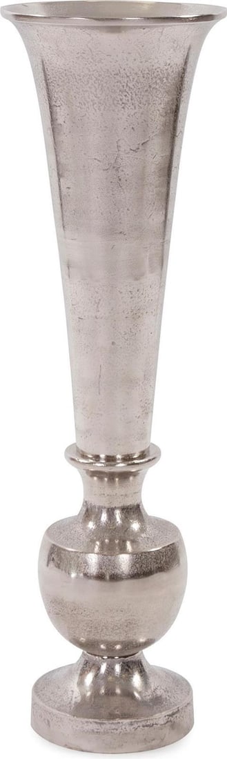 Howard Elliott 30 Inch Matte Silver Trumpet Vase: Howard Elliott 30 Inch Matte Silver Trumpet Vase This elegant trumpet-shaped floor vase is a stunning addition to any eclectic decor. Crafted from durable aluminum with a sleek matte silver finish, it